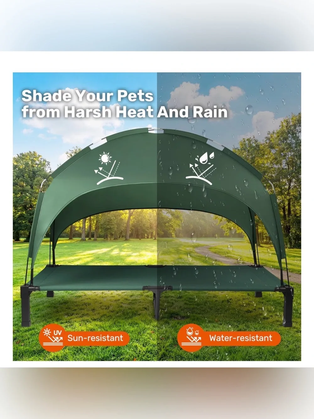 Heeyoo Outdoor Elevated Dog Bed with Removable Canopy, Green, 60 x 36 x 9.5-in